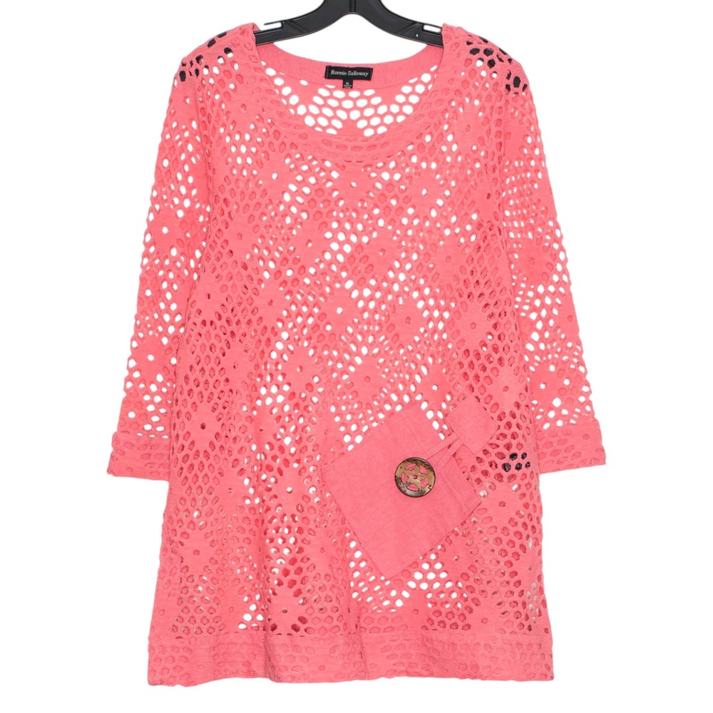 Ronnie Salloway Tunic Top 3/4 Sleeve Open Knit Pink XL Boho Lagenlook Coastal